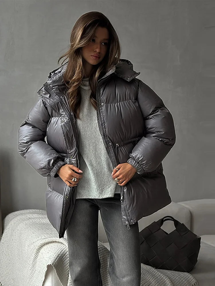 Solid Zipper Drawstring Puffer Jacket Quilted Water Resistant Loose 2025 Winter Warm Women Outerwear Daily Causal Lady Coat