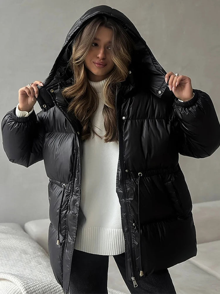 Solid Zipper Drawstring Puffer Jacket Quilted Water Resistant Loose 2025 Winter Warm Women Outerwear Daily Causal Lady Coat