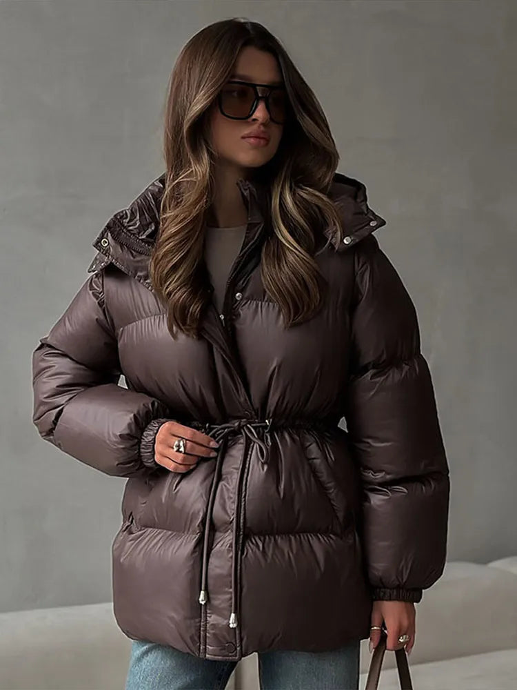 Solid Zipper Drawstring Puffer Jacket Quilted Water Resistant Loose 2025 Winter Warm Women Outerwear Daily Causal Lady Coat