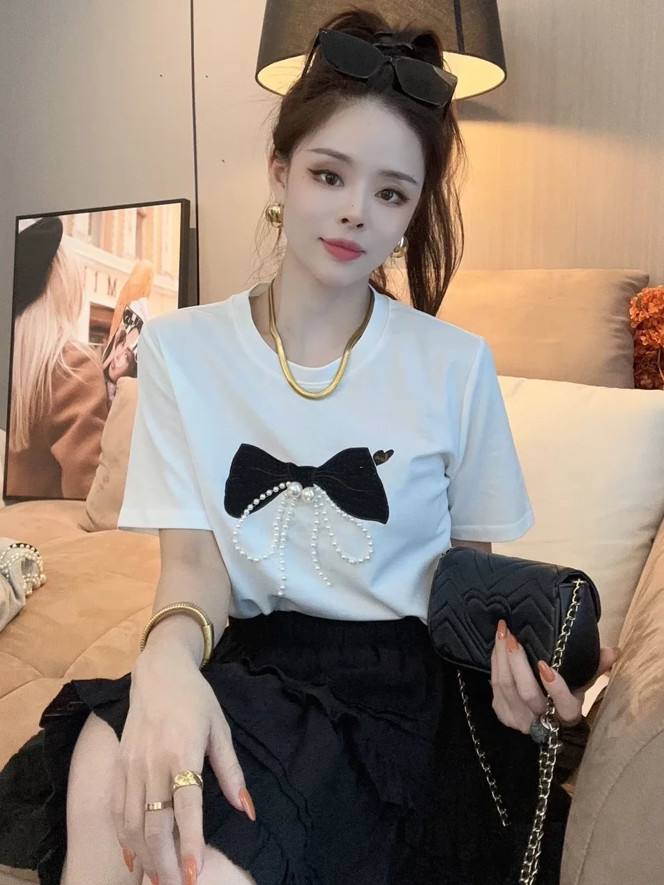 Fashionable Bow Nail Bead Short-sleeved T-shirt for Women Summer 2025 New Casual Versatile Top