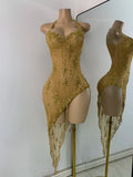 Sparkly Gold Design Evening Party Dress Luxury Rhinestones See Through Sexy Women's Clothing Mesh Stretch Birthday Dresses