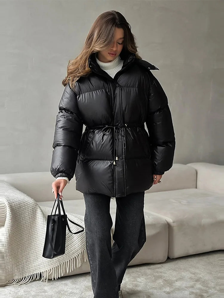 Solid Zipper Drawstring Puffer Jacket Quilted Water Resistant Loose 2025 Winter Warm Women Outerwear Daily Causal Lady Coat