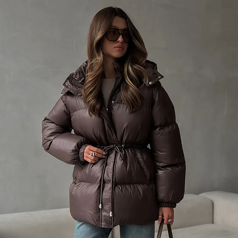 Solid Zipper Drawstring Puffer Jacket Quilted Water Resistant Loose 2025 Winter Warm Women Outerwear Daily Causal Lady Coat
