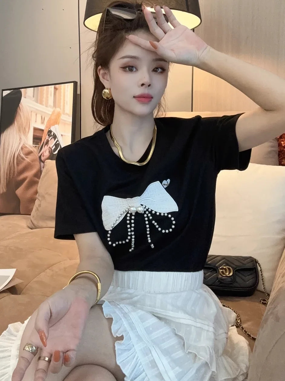 Fashionable Bow Nail Bead Short-sleeved T-shirt for Women Summer 2025 New Casual Versatile Top