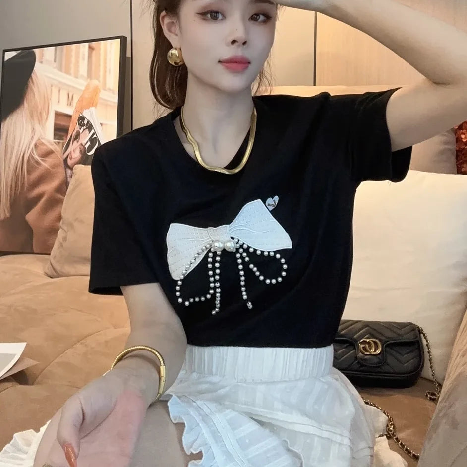 Fashionable Bow Nail Bead Short-sleeved T-shirt for Women Summer 2025 New Casual Versatile Top