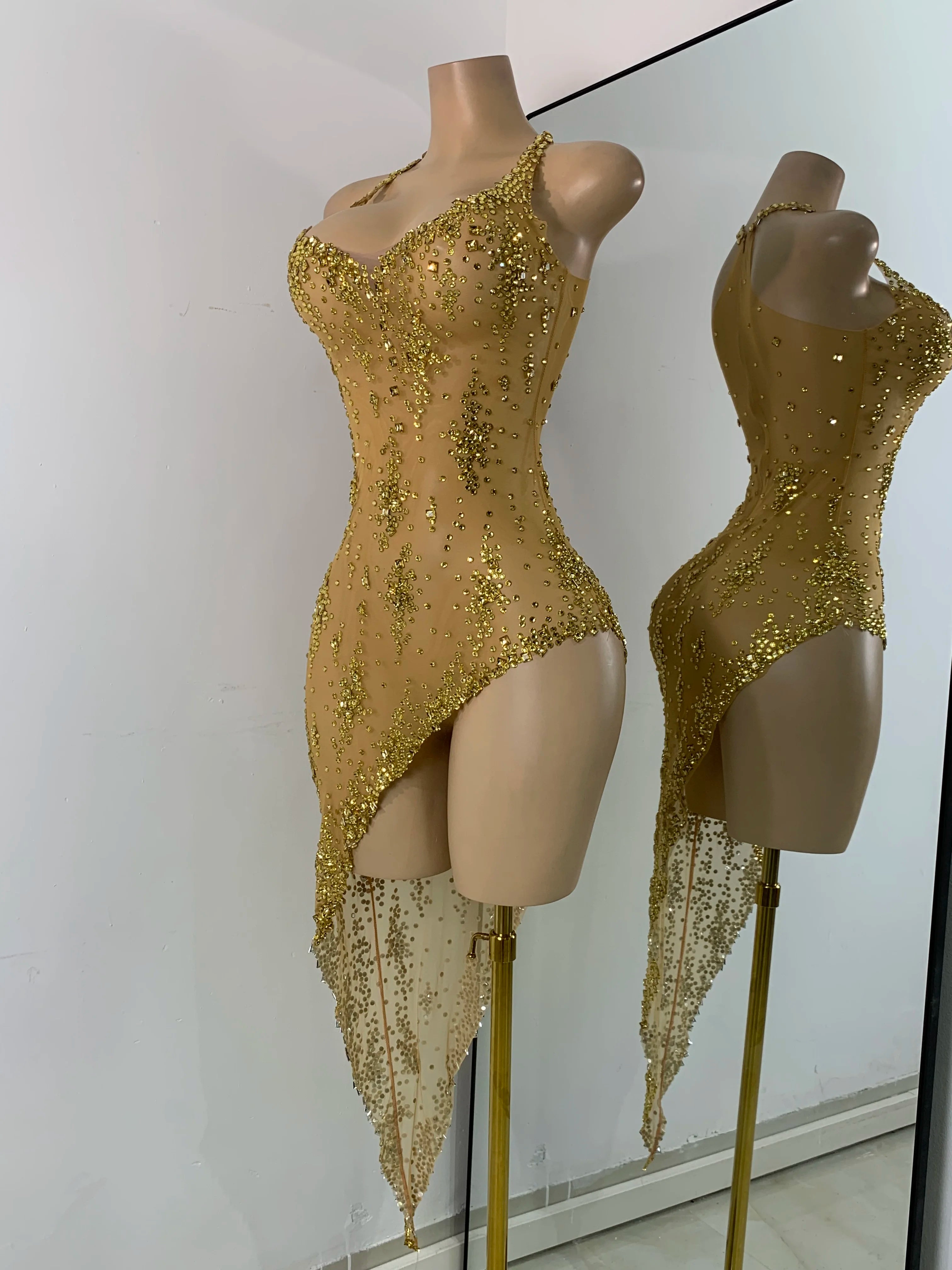 Sparkly Gold Design Evening Party Dress Luxury Rhinestones See Through Sexy Women's Clothing Mesh Stretch Birthday Dresses