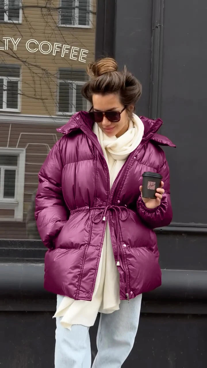 Solid Zipper Drawstring Puffer Jacket Quilted Water Resistant Loose 2025 Winter Warm Women Outerwear Daily Causal Lady Coat