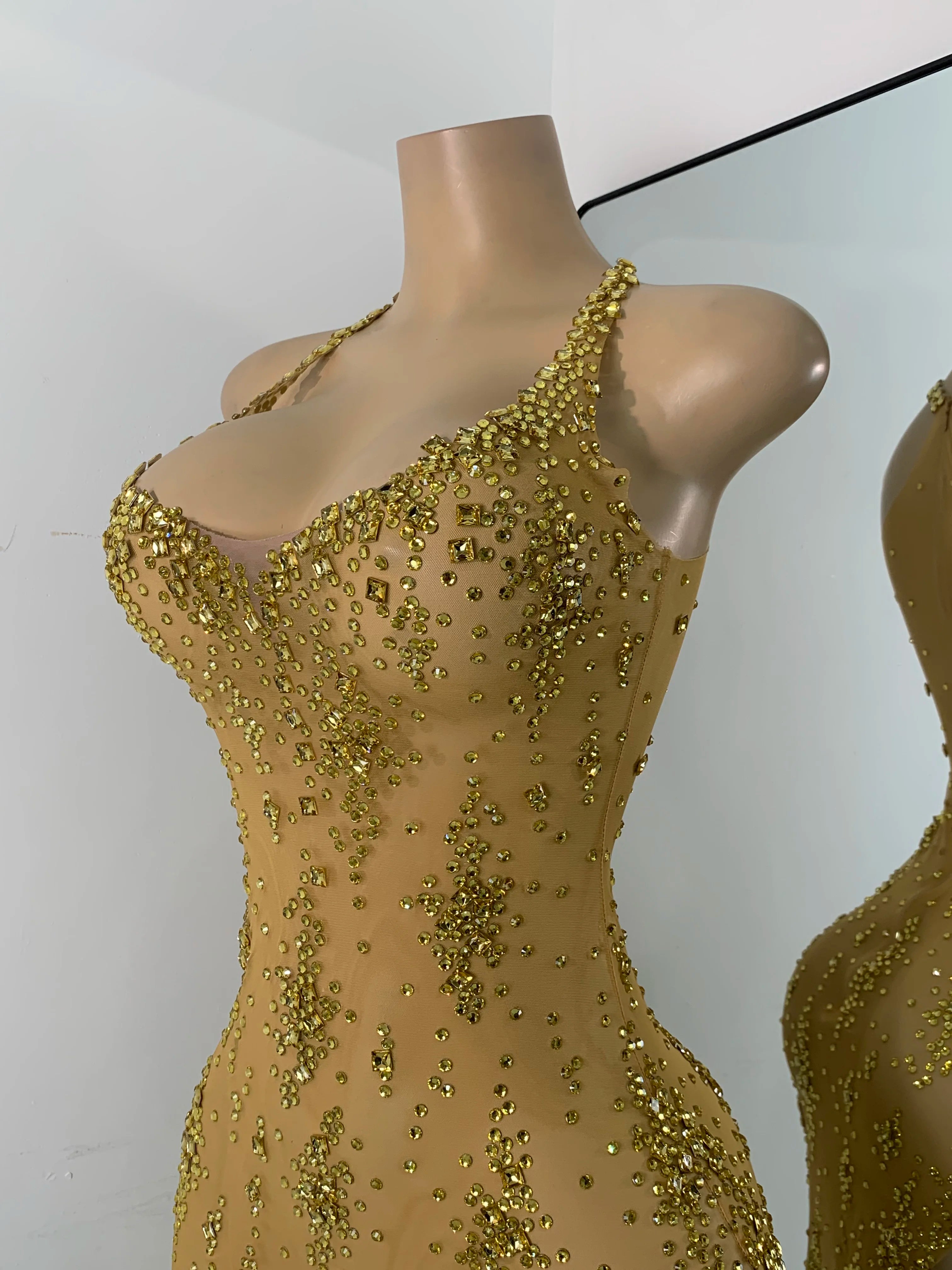 Sparkly Gold Design Evening Party Dress Luxury Rhinestones See Through Sexy Women's Clothing Mesh Stretch Birthday Dresses