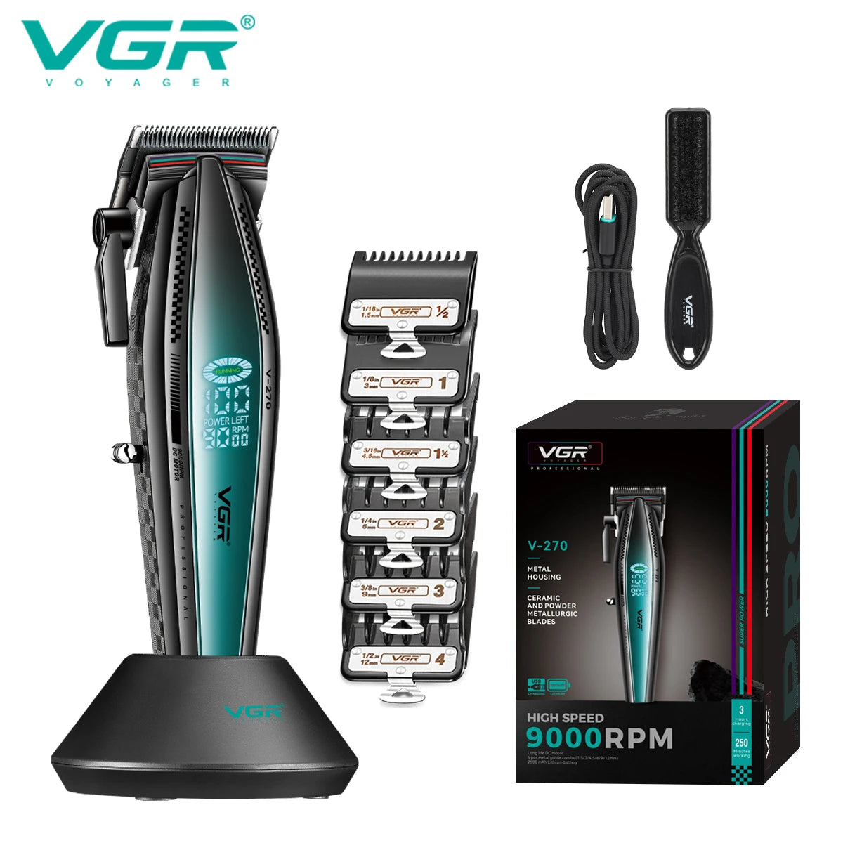 VGR V-992 V-270 high-end men's hair clipper with gradient color body, professional hair trimmer with LCD digital display and pus