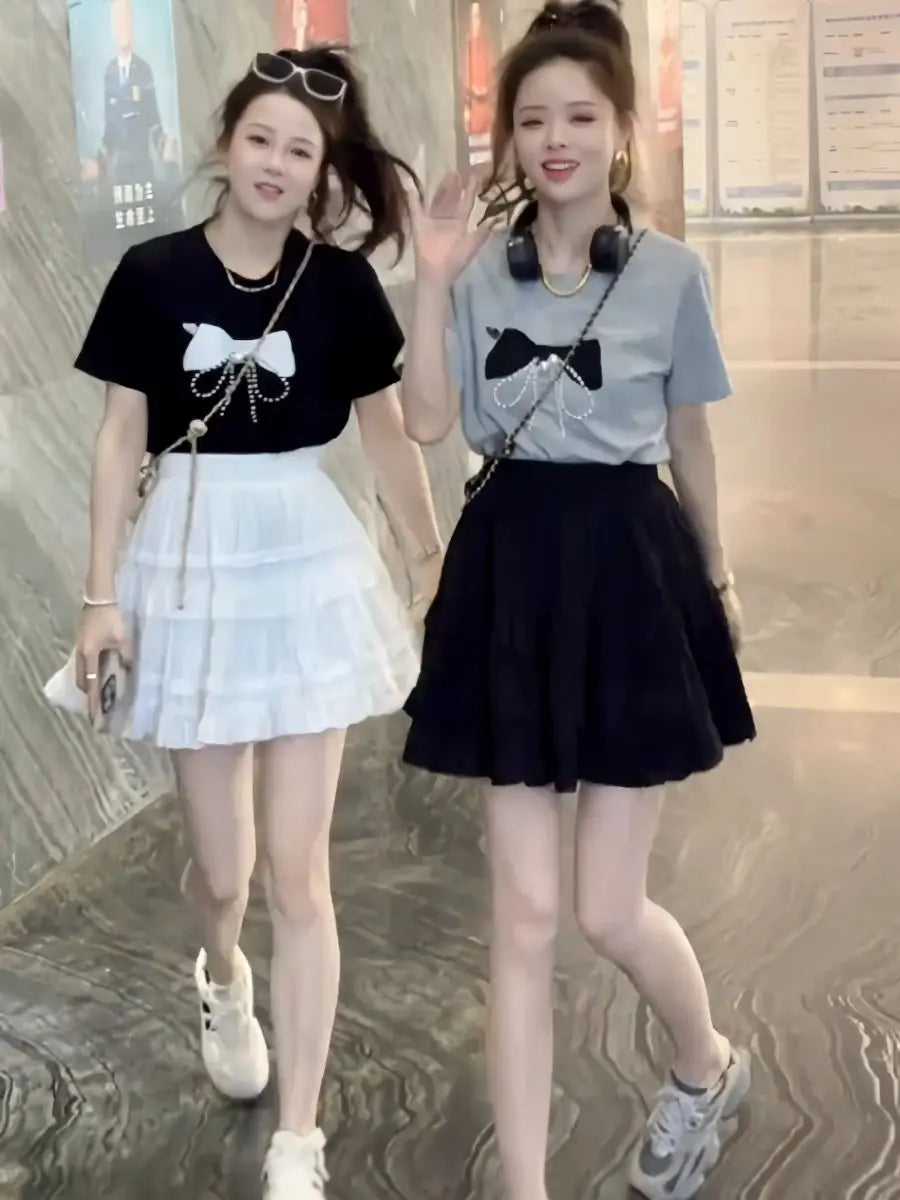 Fashionable Bow Nail Bead Short-sleeved T-shirt for Women Summer 2025 New Casual Versatile Top